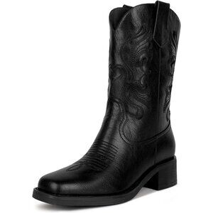 Women's Black Western Cowgirl Square Toe Pull-on Unique Embroidery Design Boots